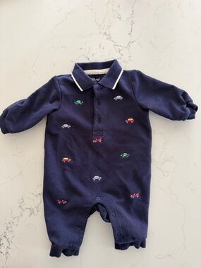 Little Me Navy Polo-One Piece with Embroidered Cars